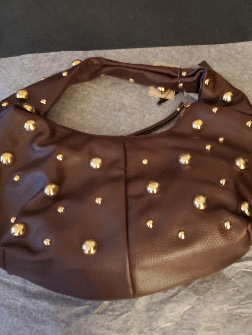 Bold Gold Stud-Embellished Brown Pebbled Vegan Leather Hobo Bag